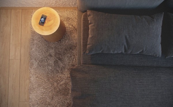 A simple "log" side table adds a spot of warmth in the all neutral master bedroom.