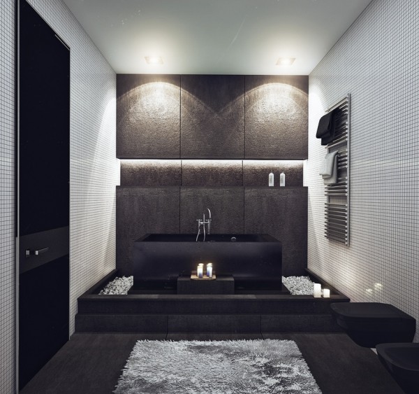 In the bathroom, the mix of stones is truly remarkable. Keeping with the neutral palette, the bathroom offers a unique use of texture with soft plush rugs juxtaposed to both smooth and rough materials. We love the contemporary look and the clean silver accent pieces.