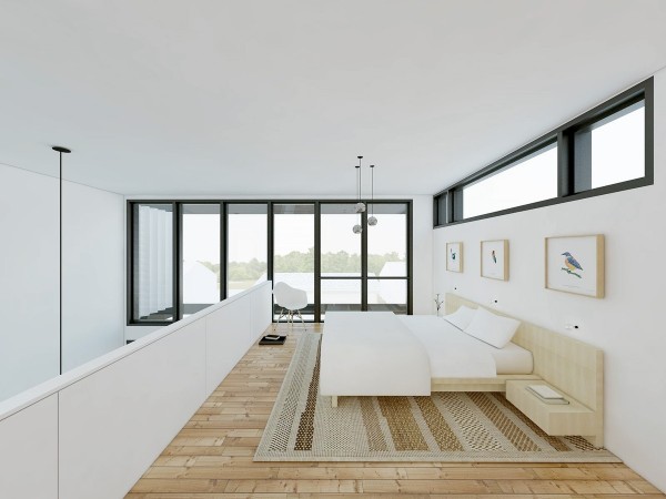 Upstairs in the bedroom loft, light wood plays center stage as the inspiration for the room's entire palette. Cheery bird artwork lends just the right amount of color to the otherwise neutral (but warm) tones. The birch headboard and bed, along with the woven rug and flooring, give the space even more openness.       In this next apartment, designed by Maruf Madiyarov, the use of light wood here is all about creating unique shapes and textures. Here, it becomes the focal point of the living area, as several tones of light wood are blended together in a striking arrow pattern. This is carried into the dining area, as light wood chairs with just enough curve balance out the clean lines of the arrows.