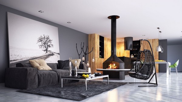 black and wood themed living