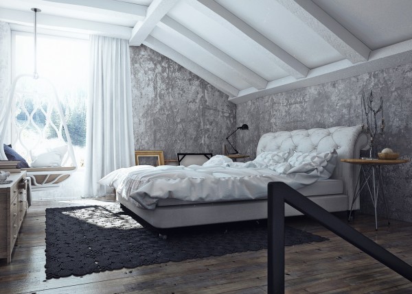 In the bedroom, there's a beautiful mix of old and new. Antiqued picture frames, a tufted headboard, and an interesting woven rug lend vintage glamour to the space, while industrial metal accents and rough gray walls give a little edge to the softness. Simply exquisite.