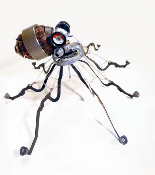 Among his many animal sculptures an octopus emerges from a myriad of typewriter parts including the keys he uses as legs.