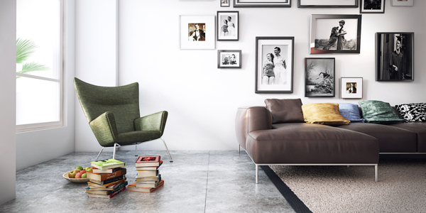 A mid-century modern armchair offers a comfy place to relax and read by a large window.