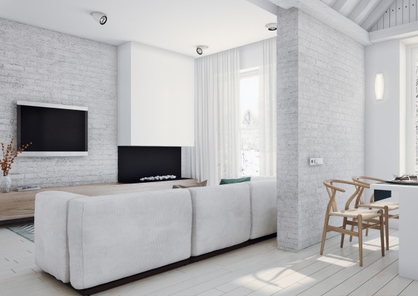 The open floor plan and whitewashed brick keep the clean feeling consistent throughout every room, letting natural light take center stage. This space feels so fresh, yet it does not lose its softness.