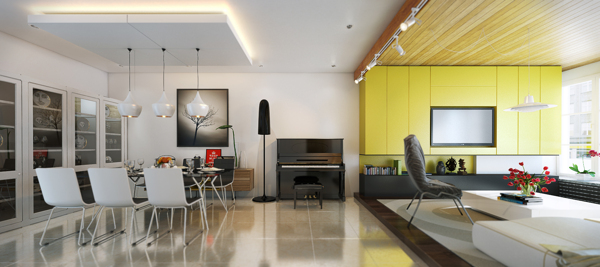 The living room is raised to delineate space between dining area and conversation area. The brilliant yellow is carried through to the media surround.