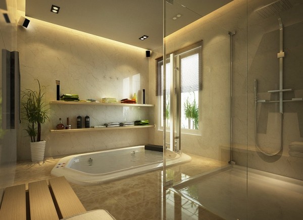 This bathroom looks like a spa retreat with the in ground tub, just below the windows to provide privacy.