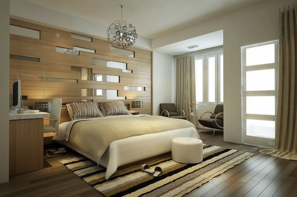 This linear designed bedroom is very easy on the eyes. The accent wall behind the bed is created by long wooden planks with sporadic mirrors. The same linear pattern is found in the hardwood floors and striped area rug.