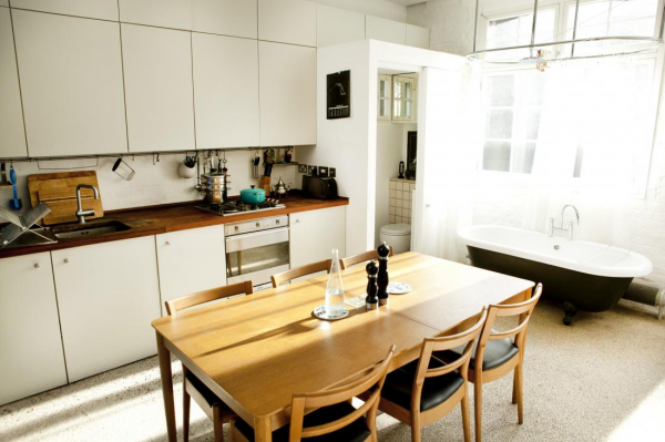 open kitchen bathroom space