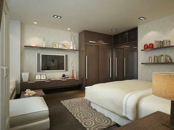 Another view of the large, textured bedroom space with full seating area.