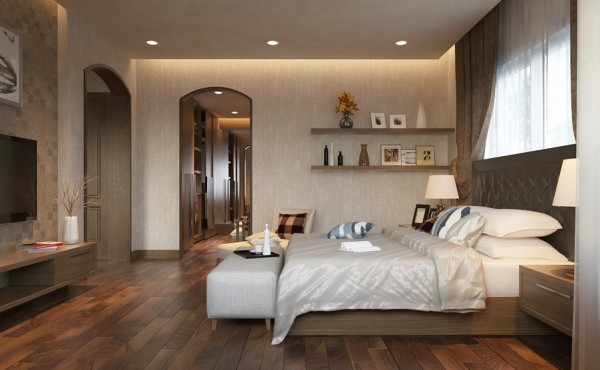 This warm bedroom design continues the theme of texture and artistic appeal.