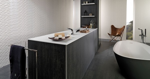 Another unique wood-infused bathroom space with matching dark wood floors and cabinetry.