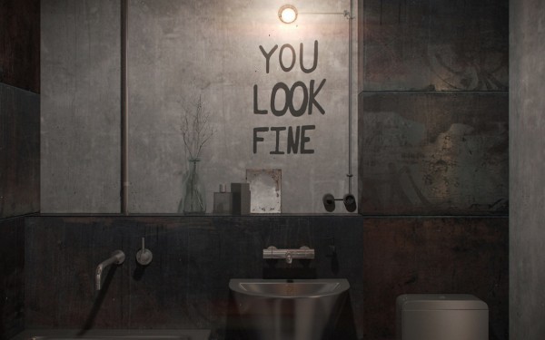 The whole apartment is a tribute to urban creativity, and that includes the bathroom. In place of a mirror, a tongue-in-cheek statement looks back at you and tells the truth: You Look Fine. Stainless steel fixtures have a clean and almost institutional feeling.
