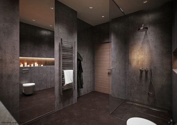 The bathroom is another area where style sometimes has to be compromised for practicality, but Viarde has made sure this room also melds with the overall themes of the apartment. From its dark grey walls to the candlelight that softens the otherwise industrial feel, it could be a pleasant retreat.