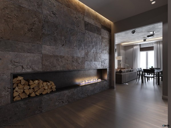 The element of fire ties together multiple spaces in this apartment, with the final focal point being this ultra-modern fireplace. Flames rise directly out of the recessed nook for a beautiful but also slightly dangerous finishing touch.