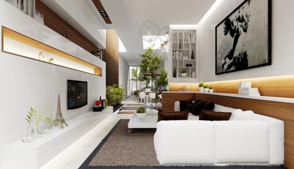 This space-conscious living room turns a narrow space into something welcoming with a carefully sized couch and built-in shelving for attractive display.
