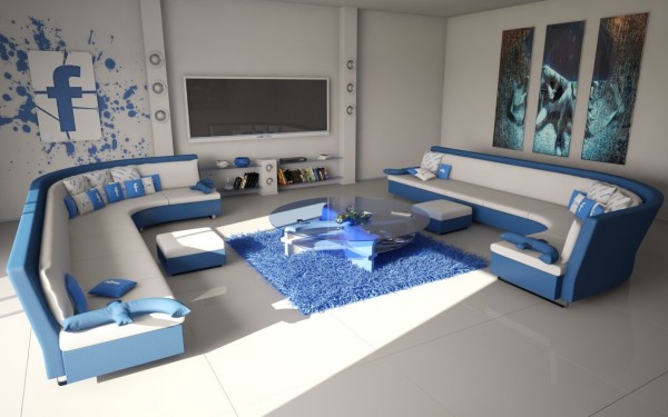 A living room is a place where family can spend time together, doing what they love. This living room is a reflection on that - if your family deeply loves facebook. The tongue-in-cheek design uses the facebook logo and its classic blue color to create a unique, playful living area.