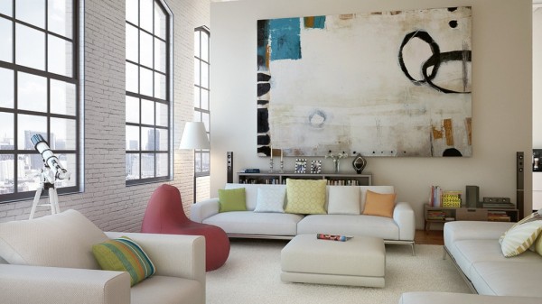 This modern loft living room uses light colors to reflect and call attention to the sunlight that is allowed to stream through the massive windows. Small pops of color add warmth without being too edgy.