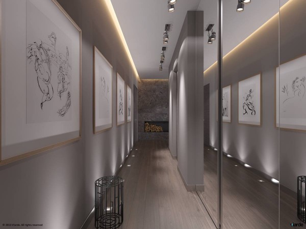 A hallway is a design necessity, but this one is made more welcoming with the addition of mirrored walls and interesting line drawings. The hallway feels bigger from the reflections and the drawings add much-needed personality.