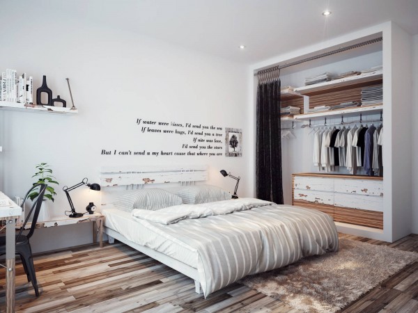 Serene white walls decorated sparsely with poetic quotes make this modern bedroom a tribute to writers and readers alike. The small writing desk with creatively hung integrated shelving looks out onto an enviable outdoor reading nook, perfect for wiling away hours or even days.