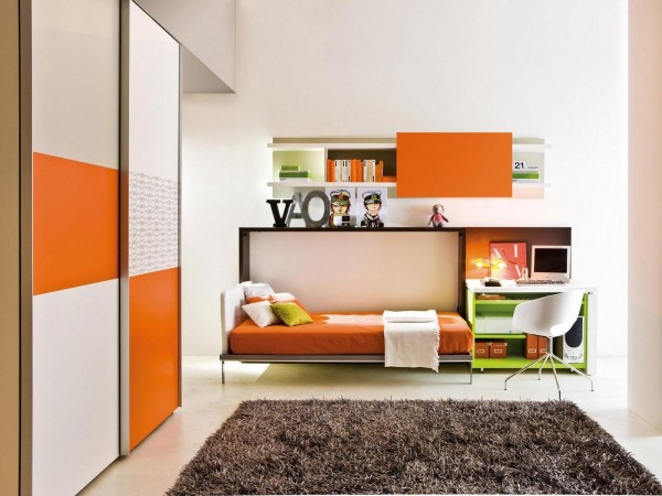Even better, roll those shelves under the desk and it creates space for the hidden bed inside the wall unit. This cute modern office is now a cute modern guest room!
