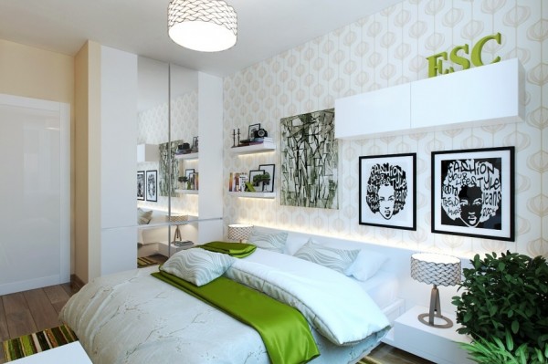 The pops of green in this contemporary bedroom make it feel playful and easy to be in, despite its smaller size.