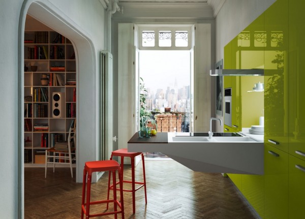 lime green cabinets 600x431 Chia sẻ cách tân trong thiết kế nhà bếp hiện đại theo phong cách Italia