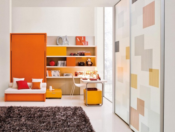 Plenty of shelving and a gradient orange color scheme complete the fun yet organized atmosphere.