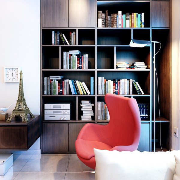 Any style home needs a comfortable place to read. This red arms chair is perfectly nestled in the corner for an easy escape.