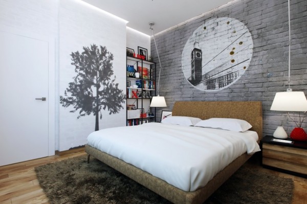 Rather than hang art on the walls, this bedroom lets the walls become art with a brick stencil over the headboard and a shadow tree painted by the door. Leaving the walls essentially bare is another way to give the illusion of more space.