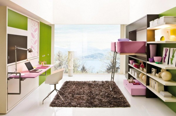A cozy pink bunk bed with a solid fold down ladder is the perfect nap area for any little girl.