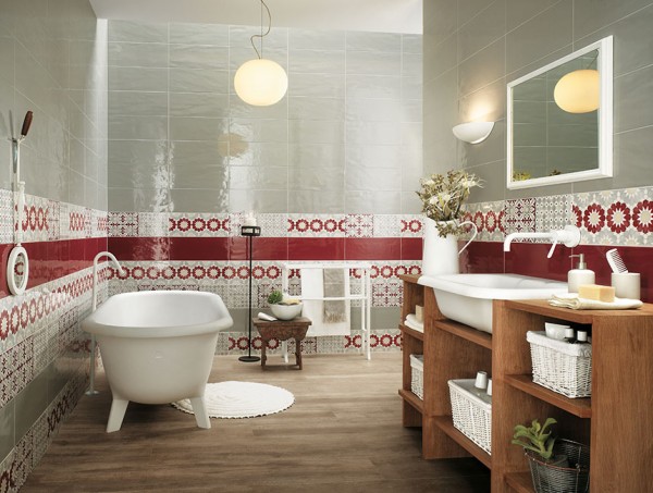 Red white bathroom border tiles
