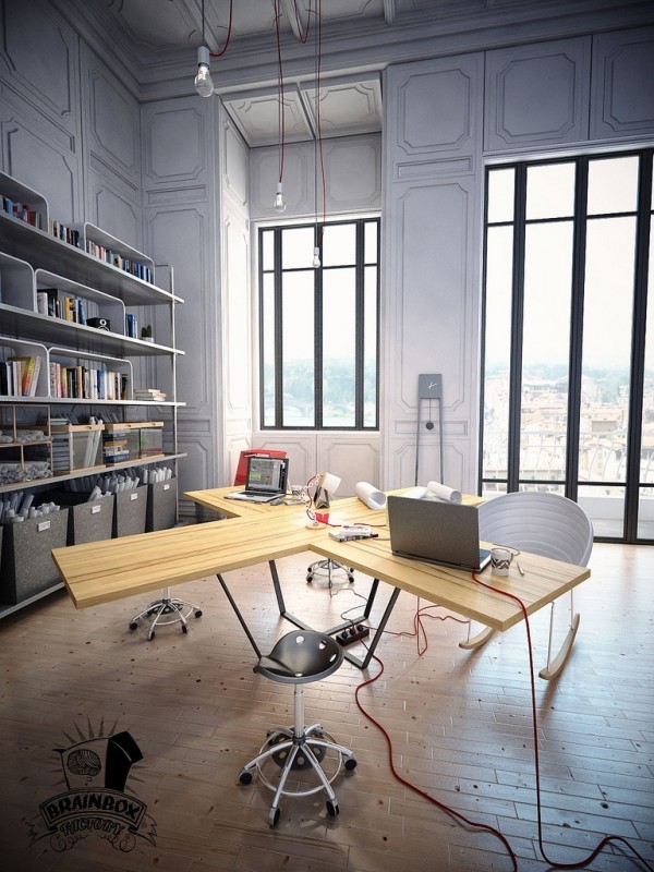 The industrial shelving creates a cool contrast against traditional wainscoting.