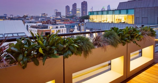 Concrete planters create a contemporary image, and look amazing with some creative lighting. Isn't this just the perfect place to throw back a well earned cocktail at the end of a tough working day?