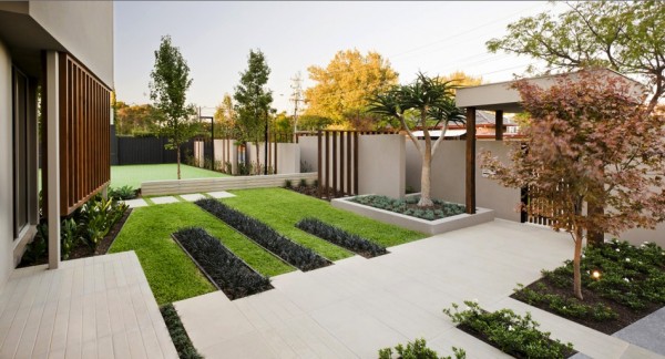 Planting beds of various sizes create an interesting visual affair.