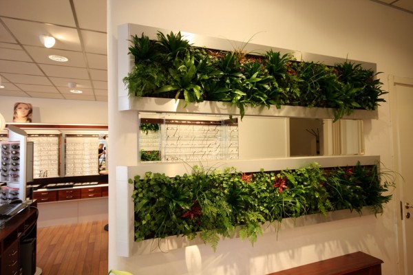 An even more vertical solution, this wall with built in planters is part room divider, part garden.