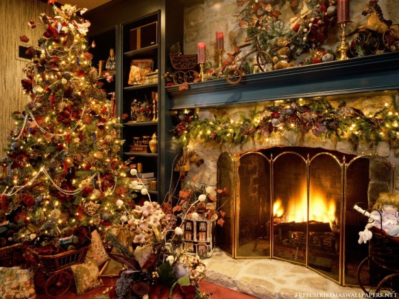 christmas interiors - christmas tree and fireplace 