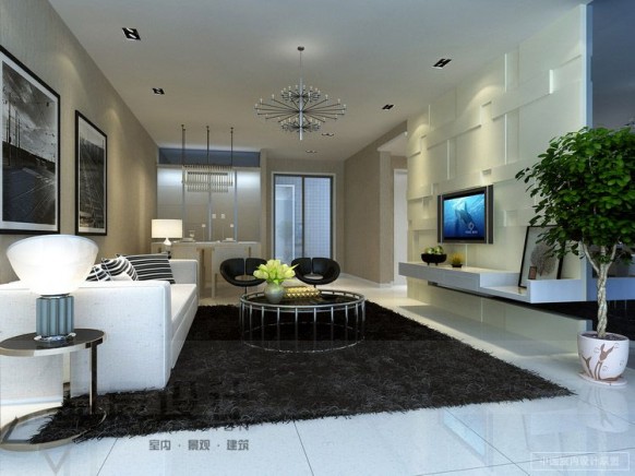 contemporary living room neutral shag rug