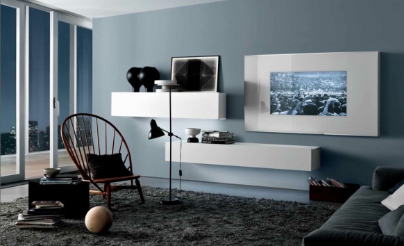 cool blue grey white contemporary living spaces built ins