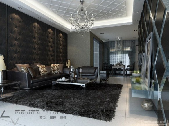 dark Living room feature walls textures chandelier