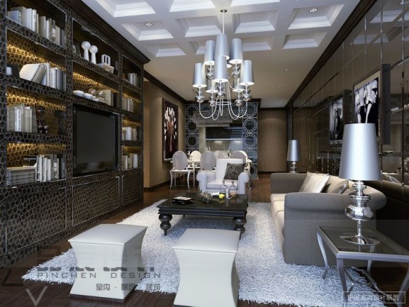 glamorous living room shelving storage chandelier