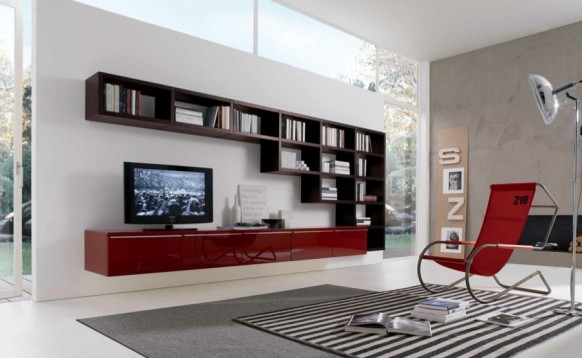 red white brown contemporary living spaces built ins
