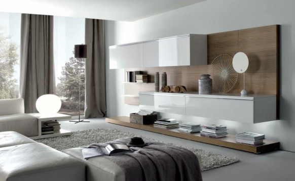taupe white stylish contemporary living spaces built ins