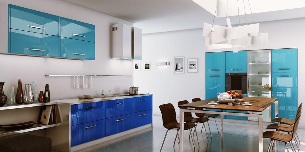 white kitchen blue accents