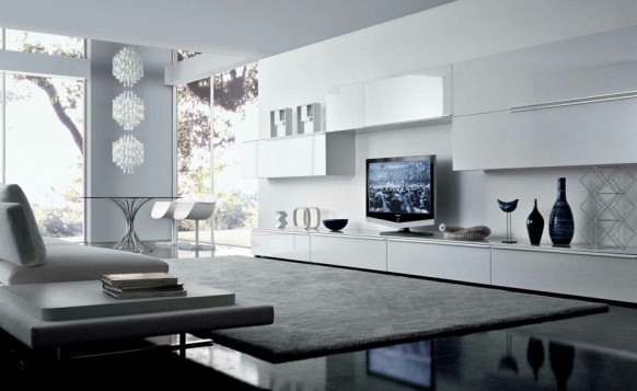 white sleek contemporary living spaces built ins