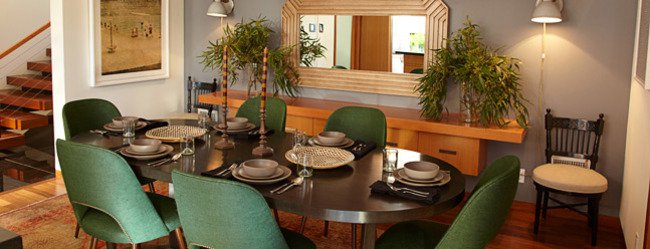 dining table with green chairs