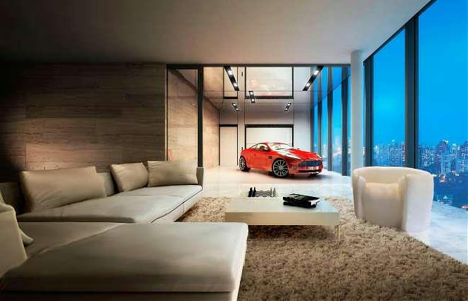 car in home red car beige living area