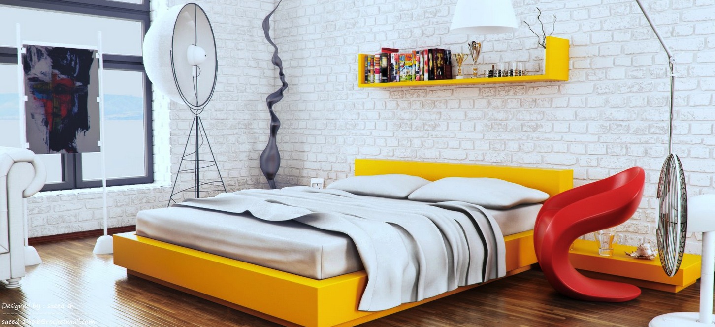 Grey and yellow bedroom interior - trendy color scheme for your home