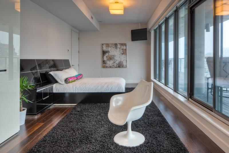 bedroom master modern lightbox with slate shag rug corner tv Interior