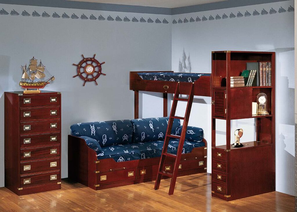 dark wood bunk bed nautical themed boys room Interior Design Ideas