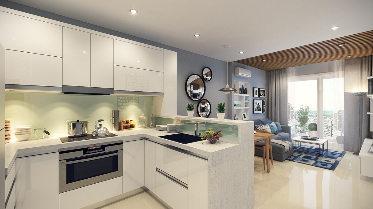 open concept kitchen dining living room small space